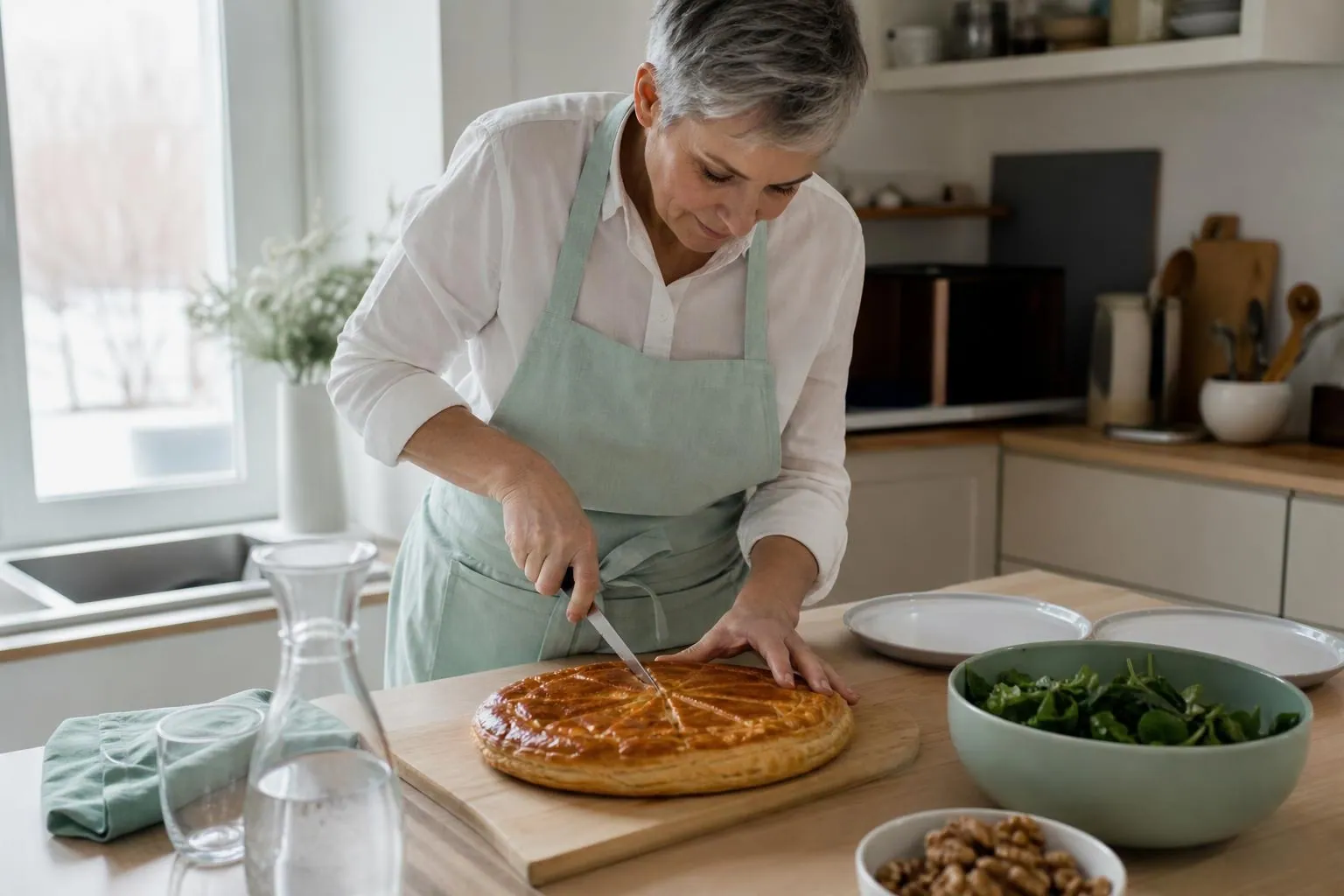 Femme d’une cinquantaine d’années découpant une galette des rois sur une table blanche, à côté d’une salade de mâche et d’une carafe d’eau