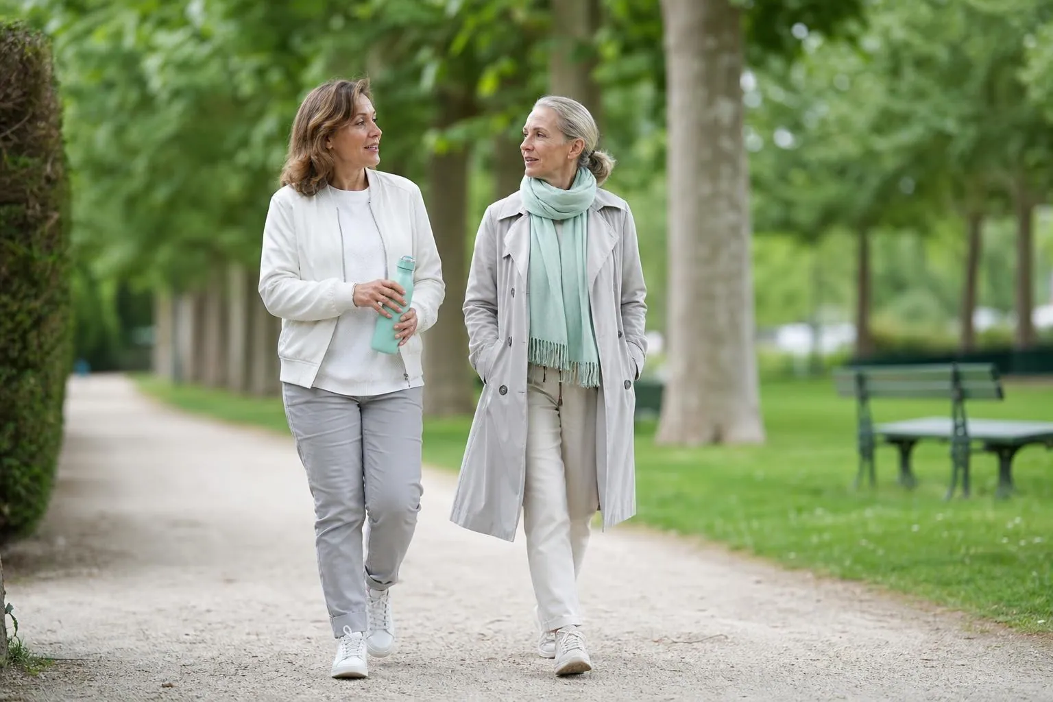 Deux femmes de quarante et cinquante ans marchant d’un bon pas sur une allée de parc urbain français après le déjeuner, sous une lumière claire