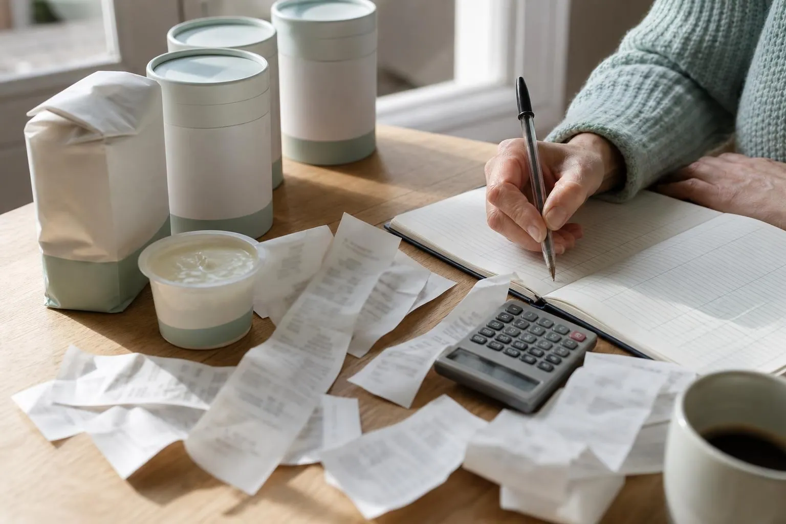 Table de cuisine claire couverte de tickets de caisse, d’un carnet de comptes, d’une calculatrice et de boîtes de compléments alimentaires refermées