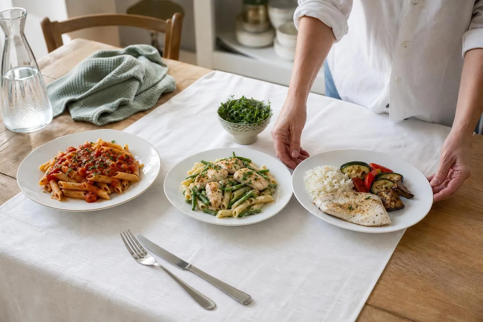 Trois assiettes blanches composées différemment alignées sur une table en bois clair, une main féminine posant la troisième assiette