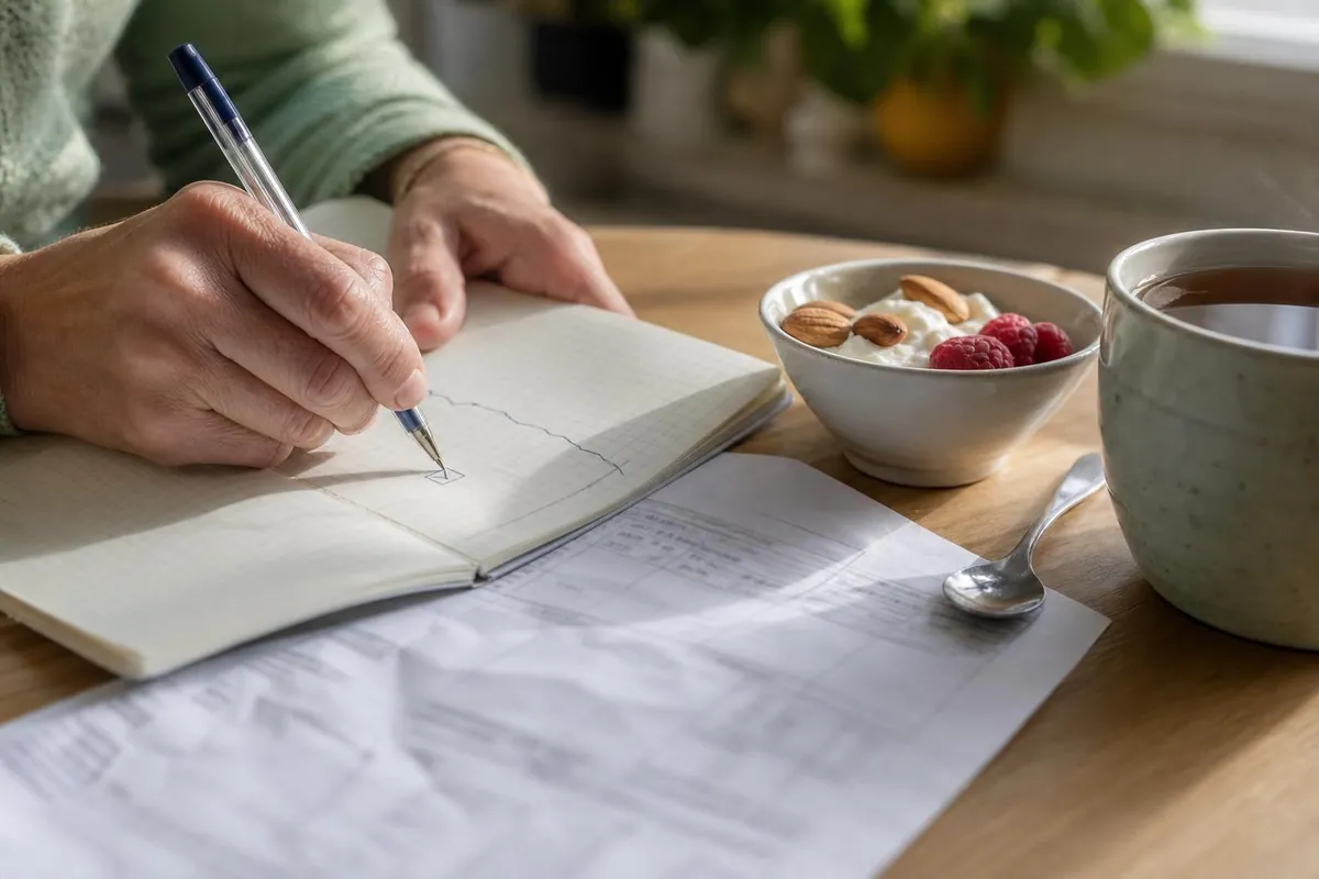 Gros plan d’un document d’analyses médicales et d’un carnet quadrillé annoté au stylo, posés sur une table en bois clair à côté d’un bol de fromage blanc, d’amandes et de framboises