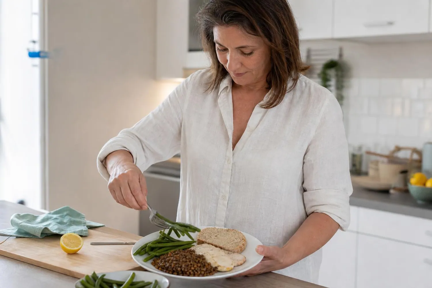Femme d’une cinquantaine d’années disposant du poulet, des lentilles, des haricots verts et une tranche de pain complet dans une assiette blanche sur un plan de travail de cuisine éclairé par la fenêtre