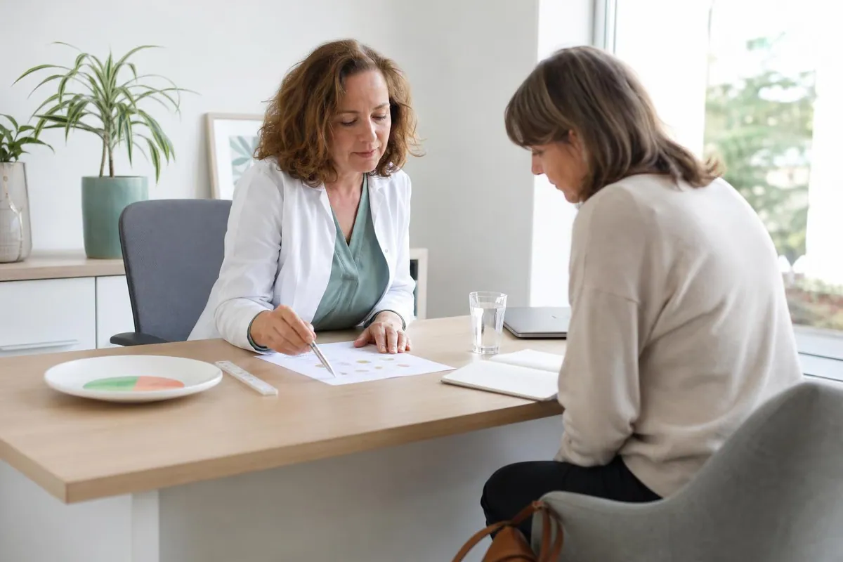 Diététicienne nutritionniste assise à son bureau clair face à une femme d’une quarantaine d’années, toutes deux penchées sur une fiche de repas annotée à la main dans un cabinet lumineux